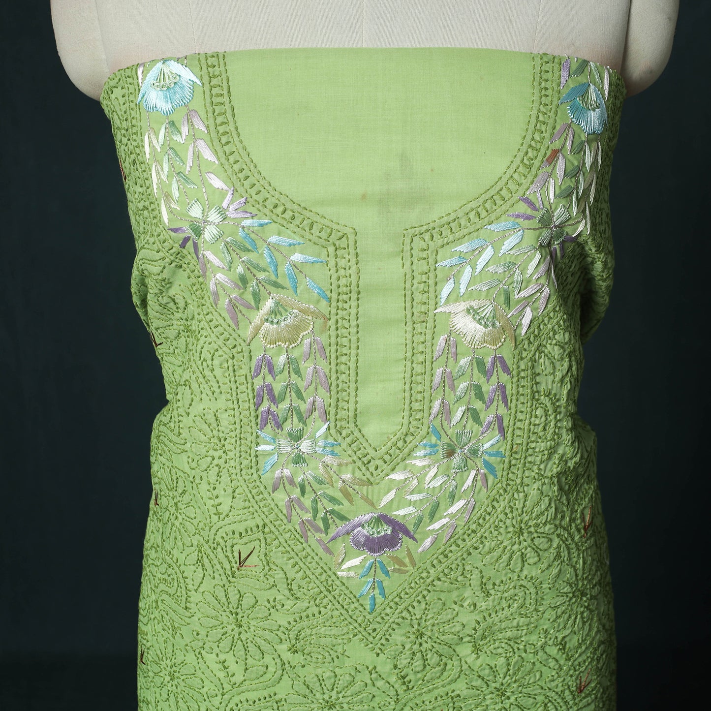 Lucknow Chikankari Parsi Style Hand Embroidered Pure Mul Cotton Unstitched Kurta Material (2.8M) 17