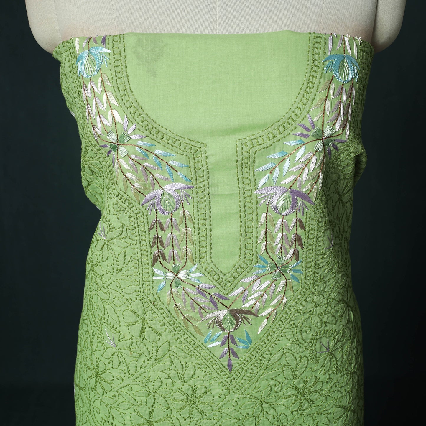 Lucknow Chikankari Parsi Style Hand Embroidered Pure Mul Cotton Unstitched Kurta Material (2.8M) 18