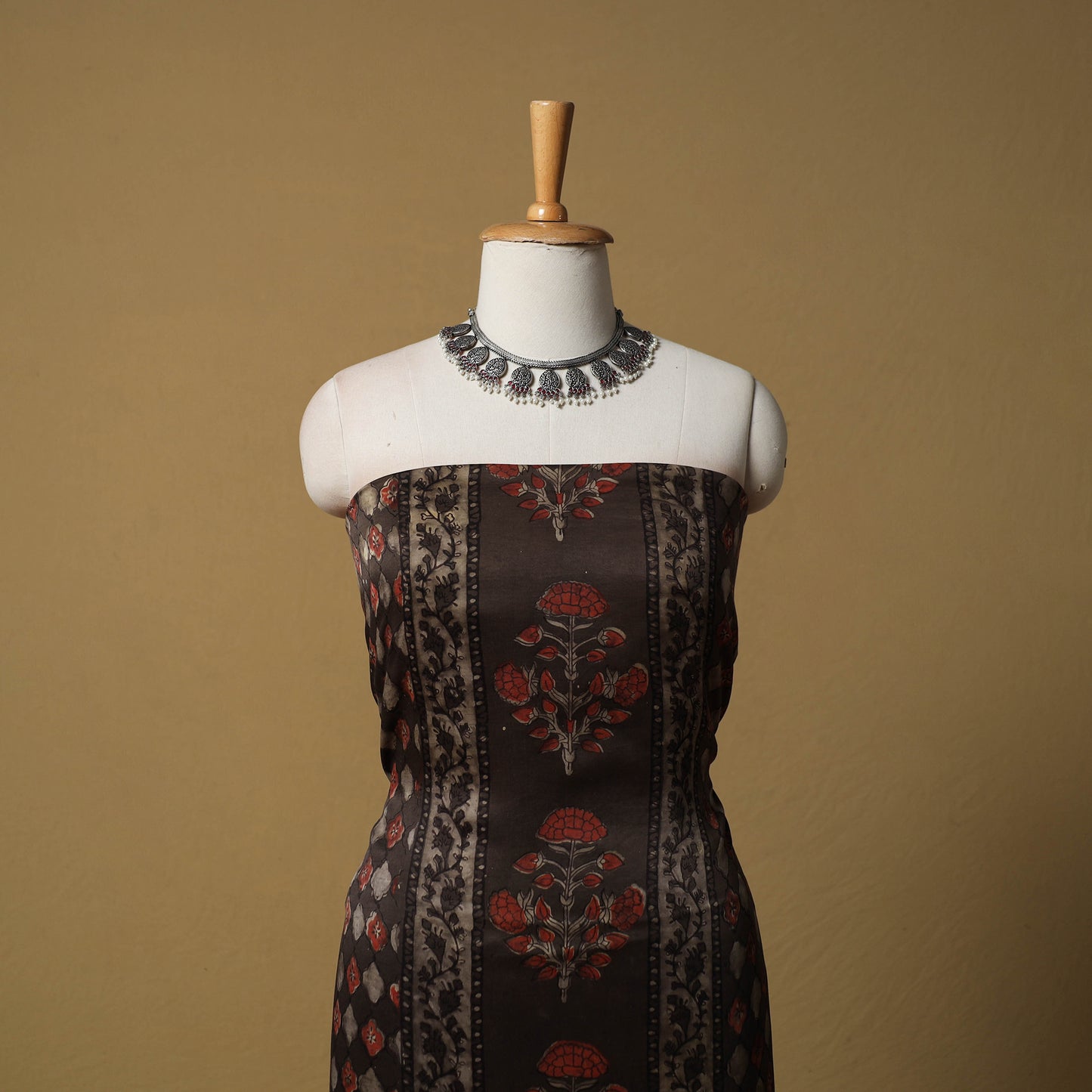 Bagru Hand Block Print Natural Dyed Modal Silk 2pc Unstitched Dress Material Kurta Set 04
