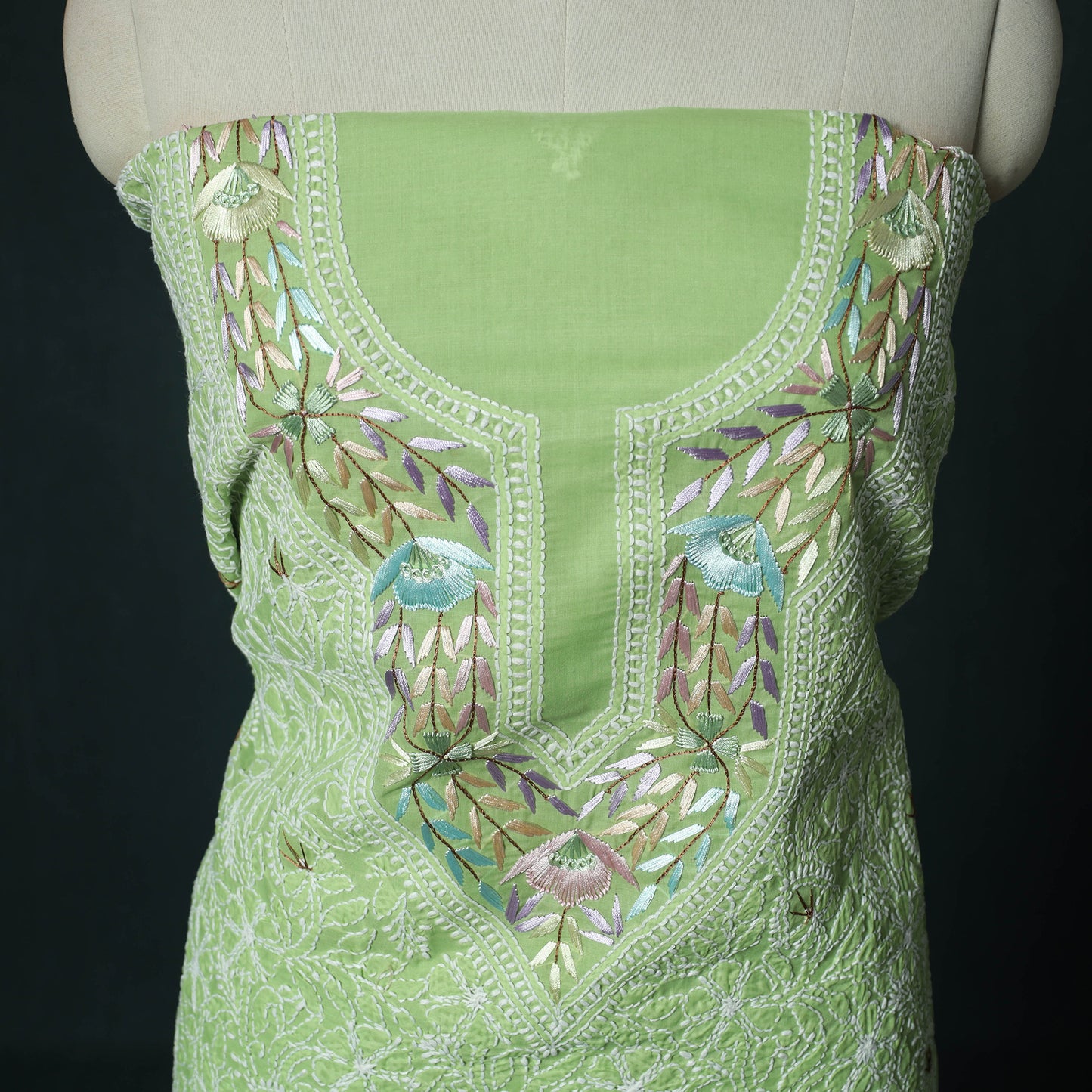 Lucknow Chikankari Parsi Style Hand Embroidered Pure Mul Cotton Unstitched Kurta Material (2.8M) 19