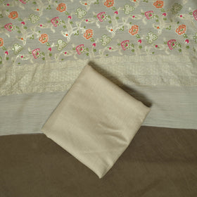 Beige - Banarasi Handwoven Katan Mulberry Silk Zari Work 3pc Unstitched Dress Material Suit Set 04