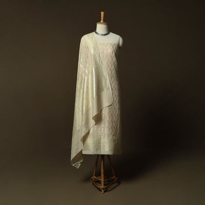 Beige - Banarasi Handwoven Katan Mulberry Silk Zari Work 3pc Unstitched Dress Material Suit Set 06