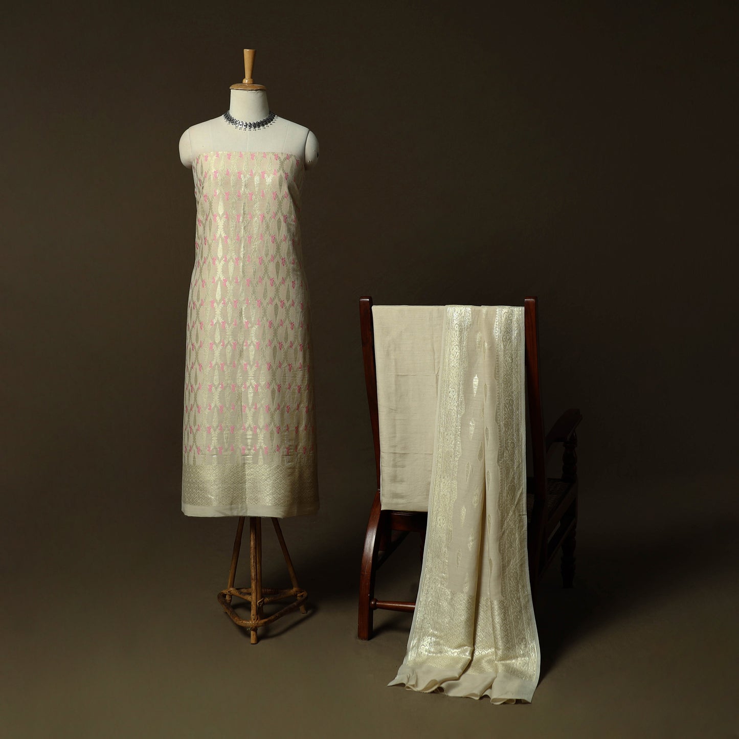 Beige - Banarasi Handwoven Katan Mulberry Silk Zari Work 3pc Unstitched Dress Material Suit Set 06