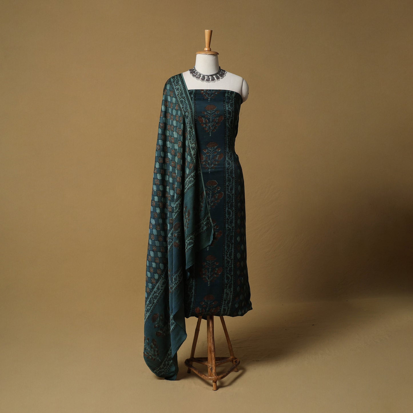 Bagru Hand Block Print Natural Dyed Modal Silk 2pc Unstitched Dress Material Kurta Set 08