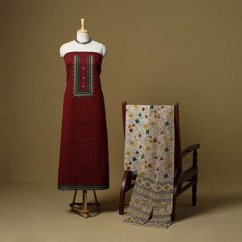 Maroon - Plain Cotton 3pc Unstitched Dress Material 17