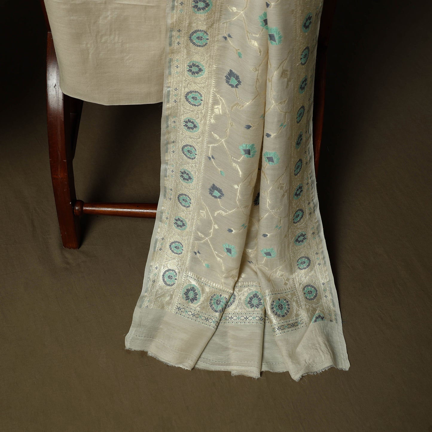 Beige - Banarasi Handwoven Katan Mulberry Silk Zari Work 3pc Unstitched Dress Material Suit Set 02