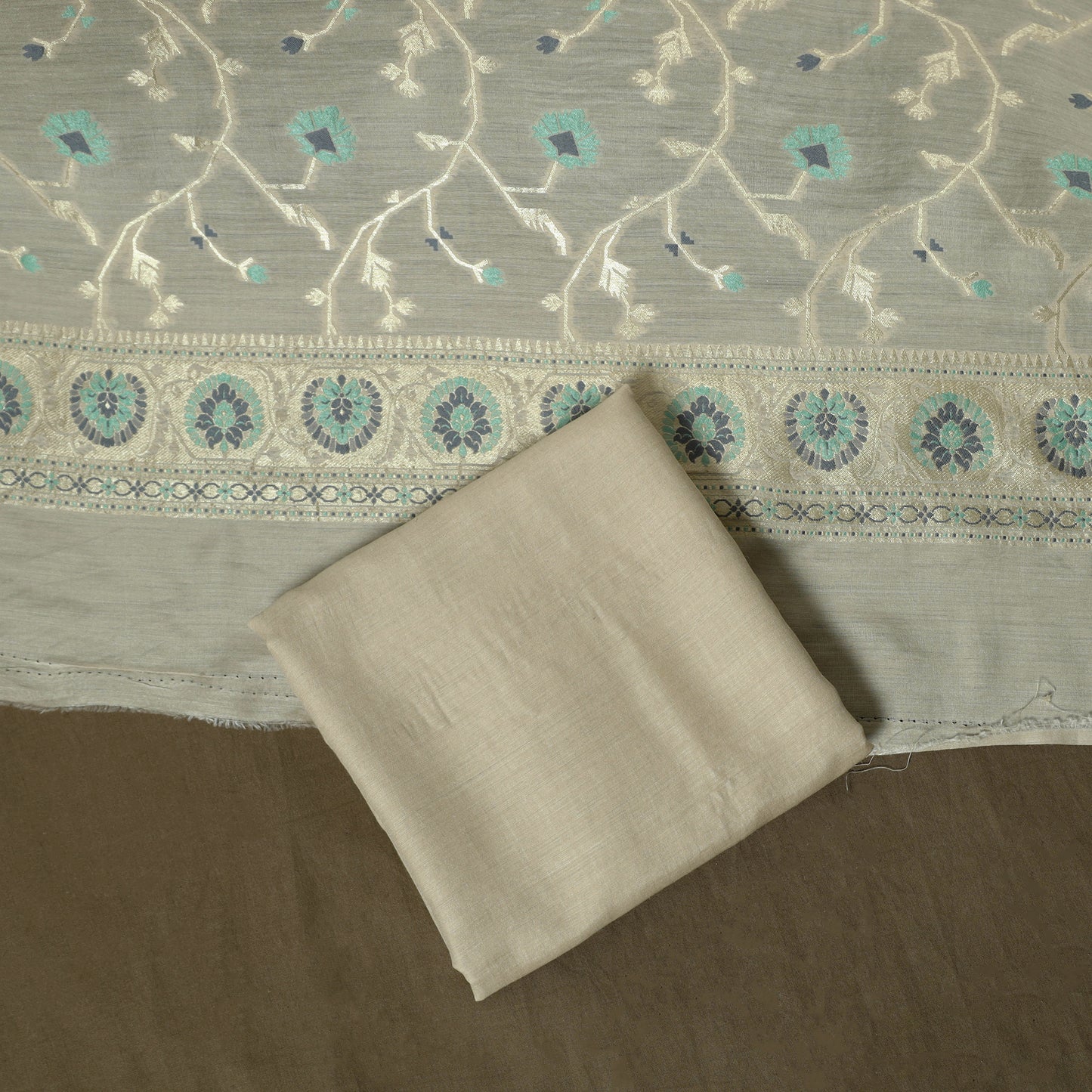 Beige - Banarasi Handwoven Katan Mulberry Silk Zari Work 3pc Unstitched Dress Material Suit Set 02