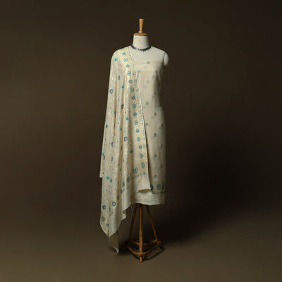 Beige - Banarasi Handwoven Katan Mulberry Silk Zari Work 3pc Unstitched Dress Material Suit Set 02