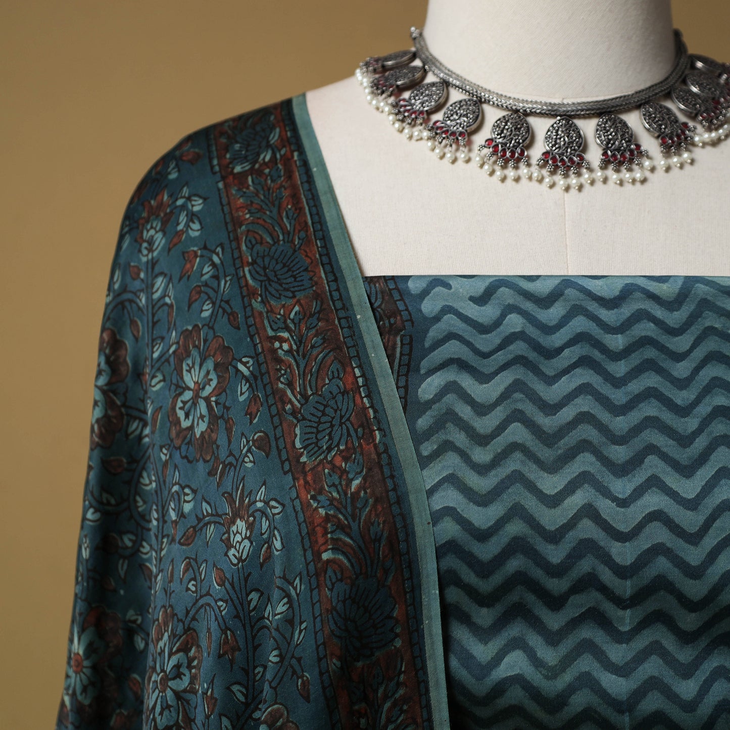 Bagru Hand Block Print Natural Dyed Modal Silk 2pc Unstitched Dress Material Kurta Set 09