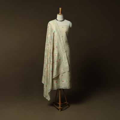 Beige - Banarasi Handwoven Katan Mulberry Silk Zari Work 3pc Unstitched Dress Material Suit Set 01