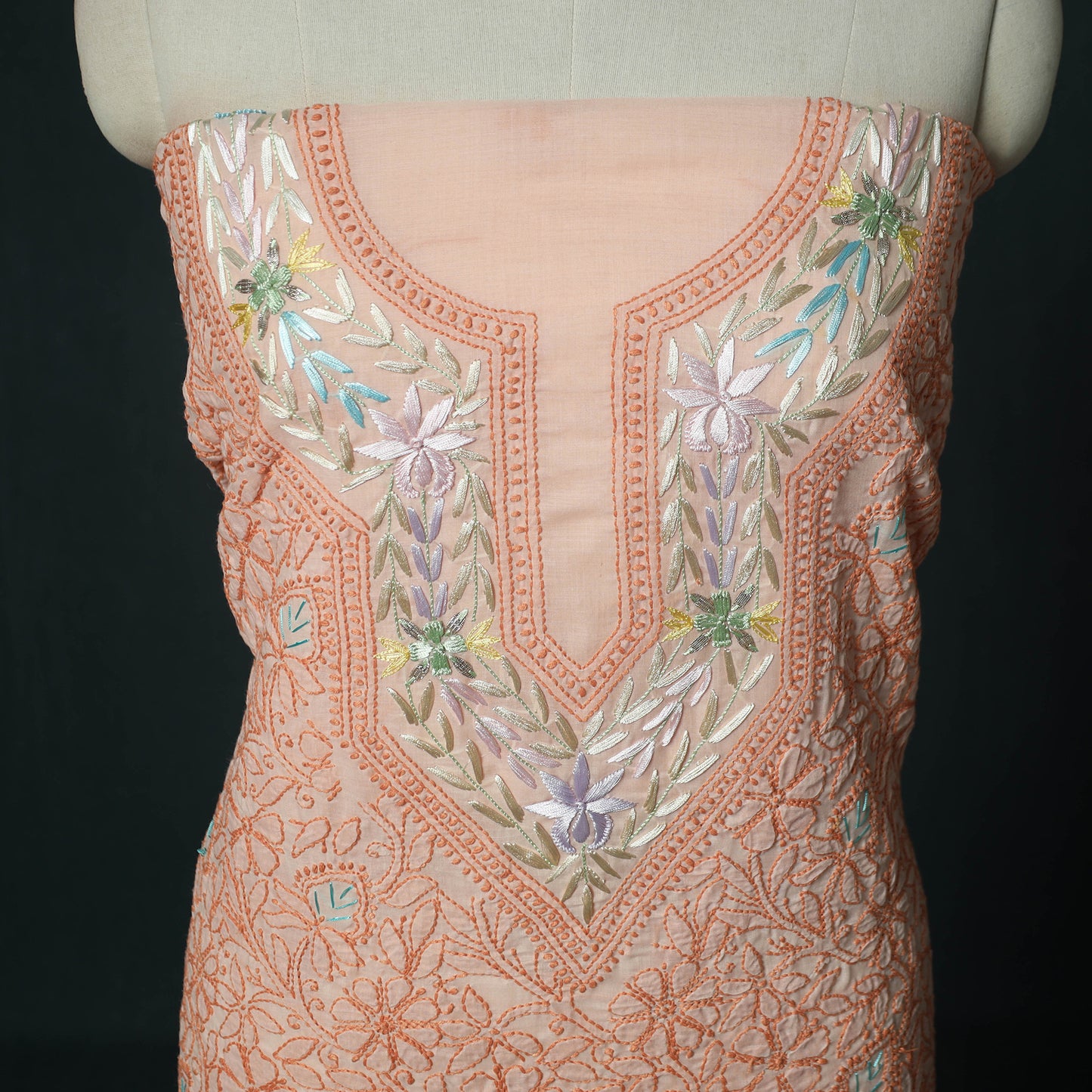 Lucknow Chikankari Parsi Style Hand Embroidered Pure Mul Cotton Unstitched Kurta Material (2.8M) 23
