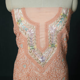 Lucknow Chikankari Parsi Style Hand Embroidered Pure Mul Cotton Unstitched Kurta Material (2.8M) 23