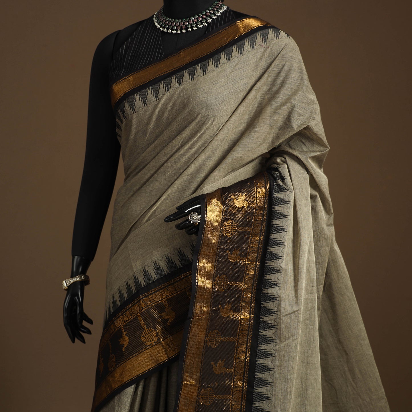 Grey Kandangi Chettinad Cotton Saree with Border
