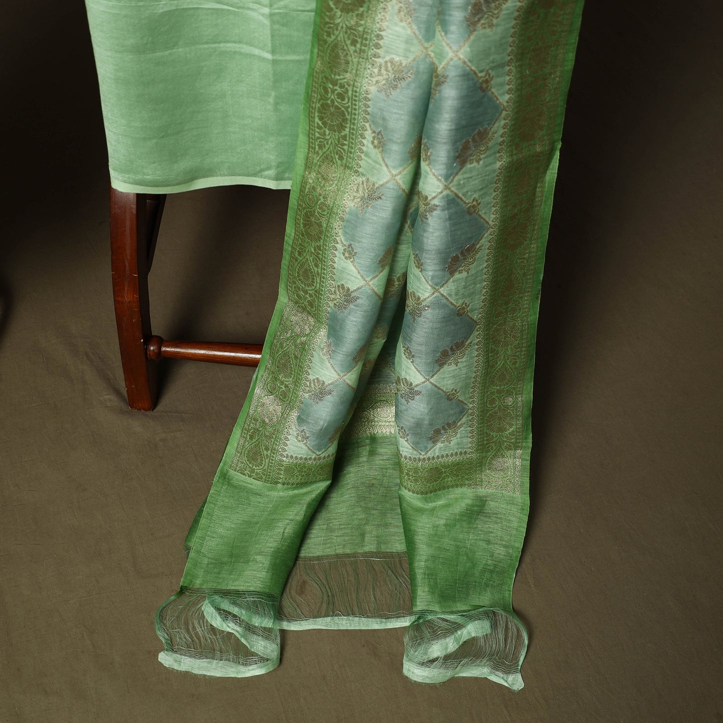 Green - Banarasi Handwoven Katan Mulberry Silk Zari Meena Buti 3pc Unstitched Dress Material Suit Set 07