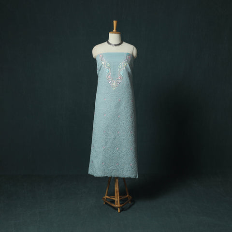 Lucknow Chikankari Parsi Style Hand Embroidered Pure Mul Cotton Unstitched Kurta Material (2.8M) 25