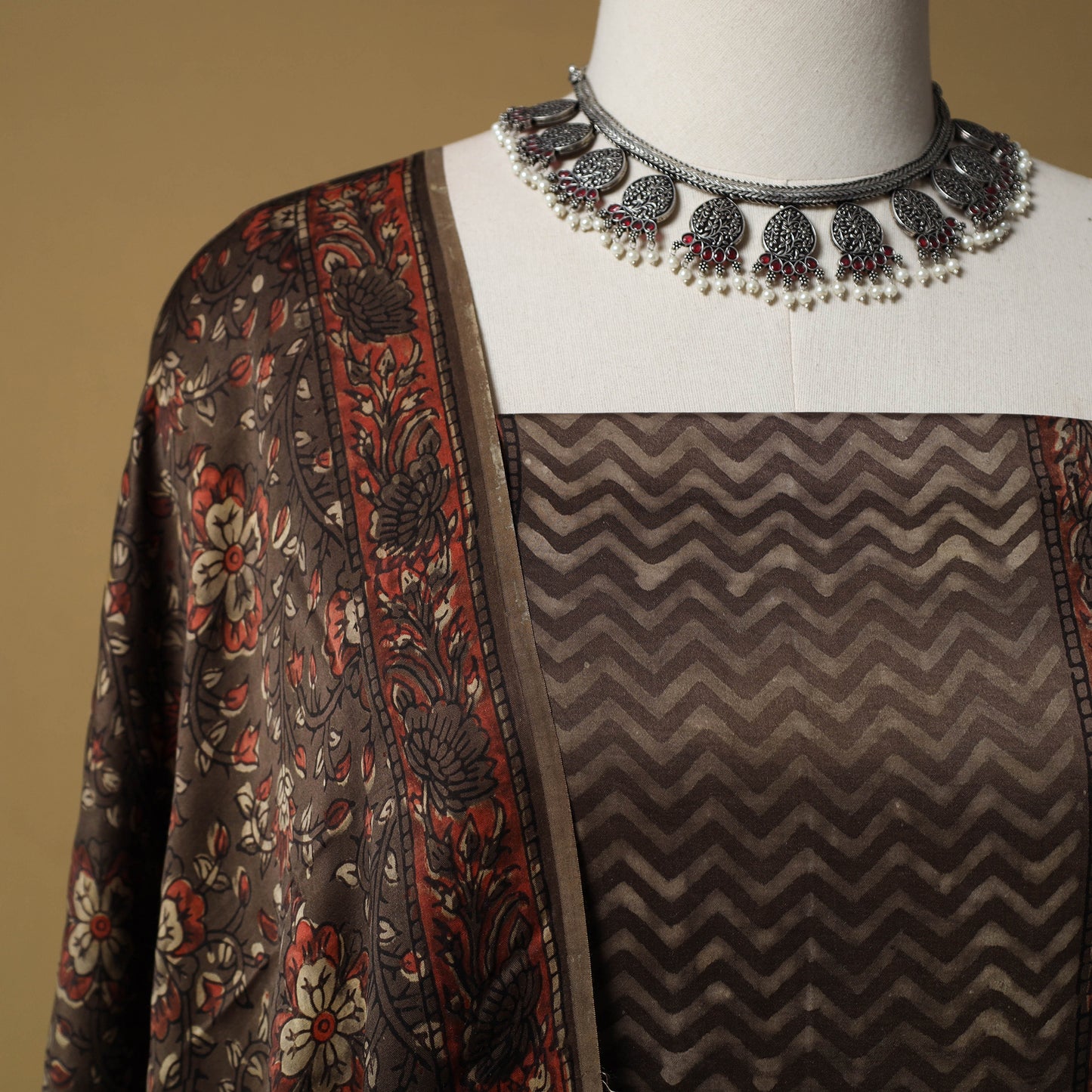 Bagru Hand Block Print Natural Dyed Modal Silk 2pc Unstitched Dress Material Kurta Set 19