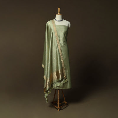 Green - Banarasi Handwoven Muga Silk Zari Meena Buti 3pc Unstitched Dress Material Suit Set 08