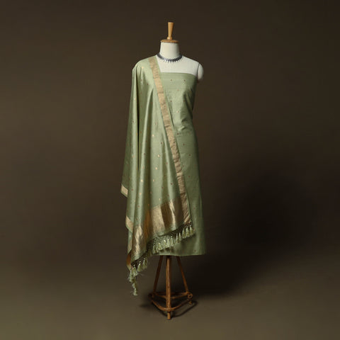 Green - Banarasi Handwoven Muga Silk Zari Meena Buti 3pc Unstitched Dress Material Suit Set 08