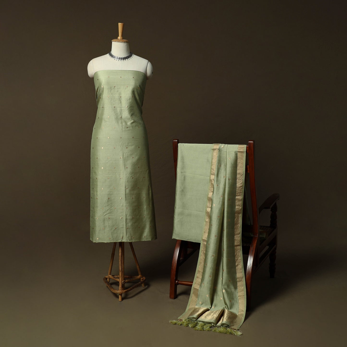 Green - Banarasi Handwoven Muga Silk Zari Meena Buti 3pc Unstitched Dress Material Suit Set 08