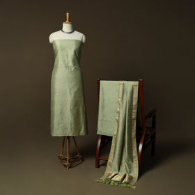 Green - Banarasi Handwoven Muga Silk Zari Meena Buti 3pc Unstitched Dress Material Suit Set 08