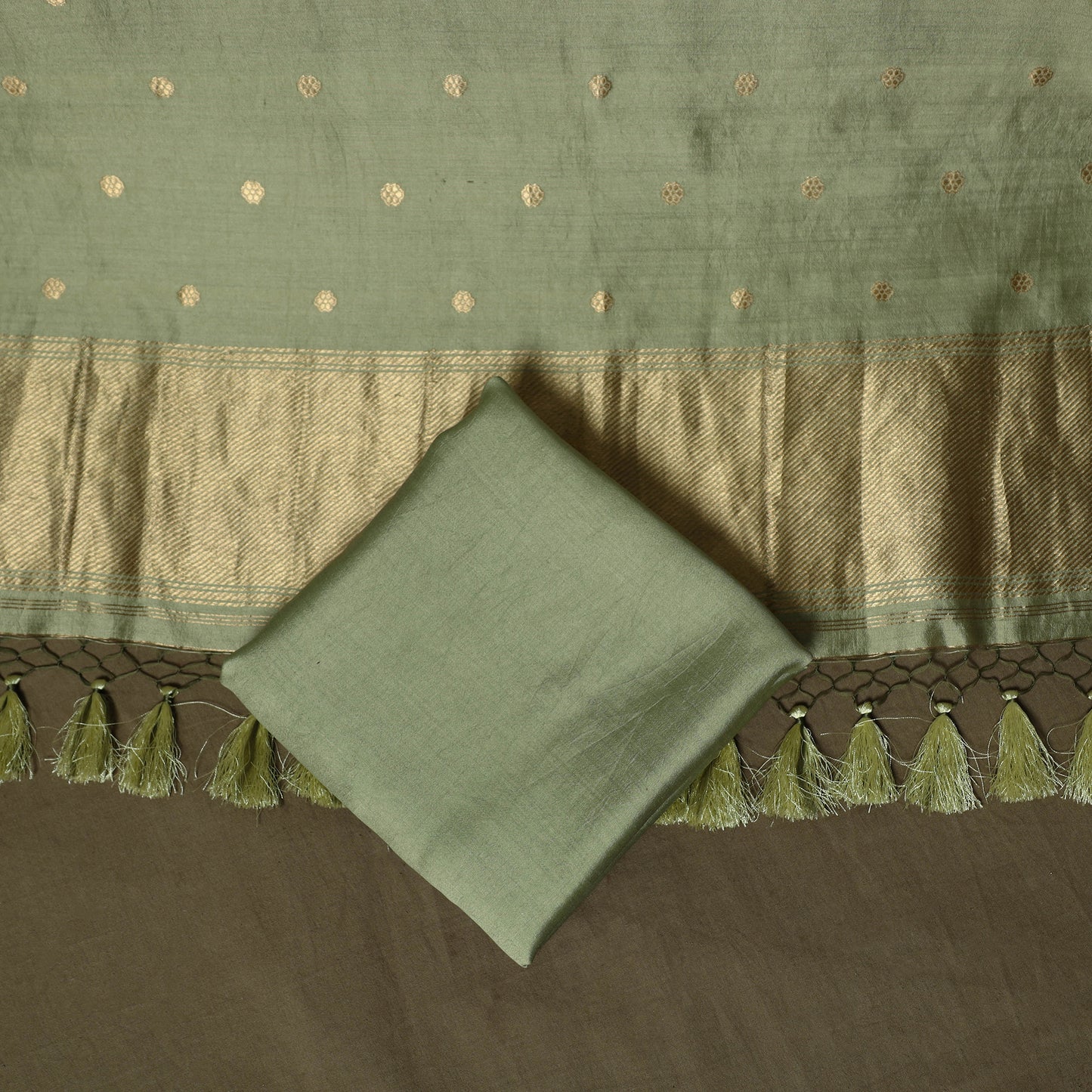 Green - Banarasi Handwoven Muga Silk Zari Meena Buti 3pc Unstitched Dress Material Suit Set 08