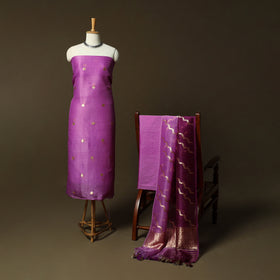 Purple - Banarasi Handwoven Muga Silk Zari Meena Buti 3pc Unstitched Dress Material Suit Set 10