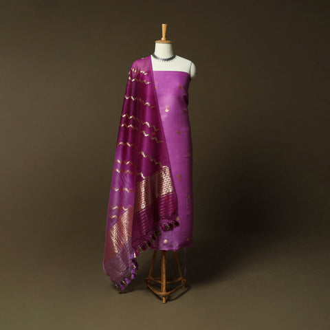 Purple - Banarasi Handwoven Muga Silk Zari Meena Buti 3pc Unstitched Dress Material Suit Set 10