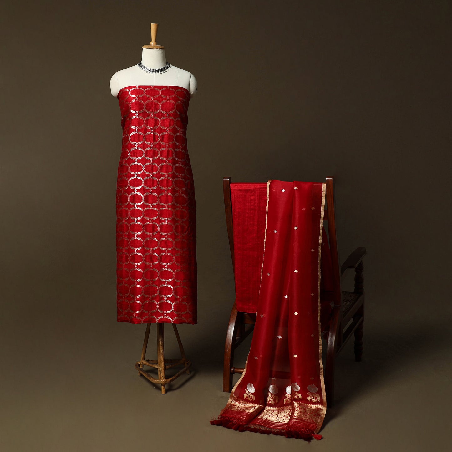 Red - Banarasi Handwoven Raw Silk Zari Work 3pc Unstitched Dress Material Suit Set 11