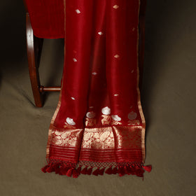 Red - Banarasi Handwoven Raw Silk Zari Work 3pc Unstitched Dress Material Suit Set 11