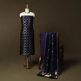Blue - Banarasi Handwoven Raw Silk Zari Work 3pc Unstitched Dress Material Suit Set 12