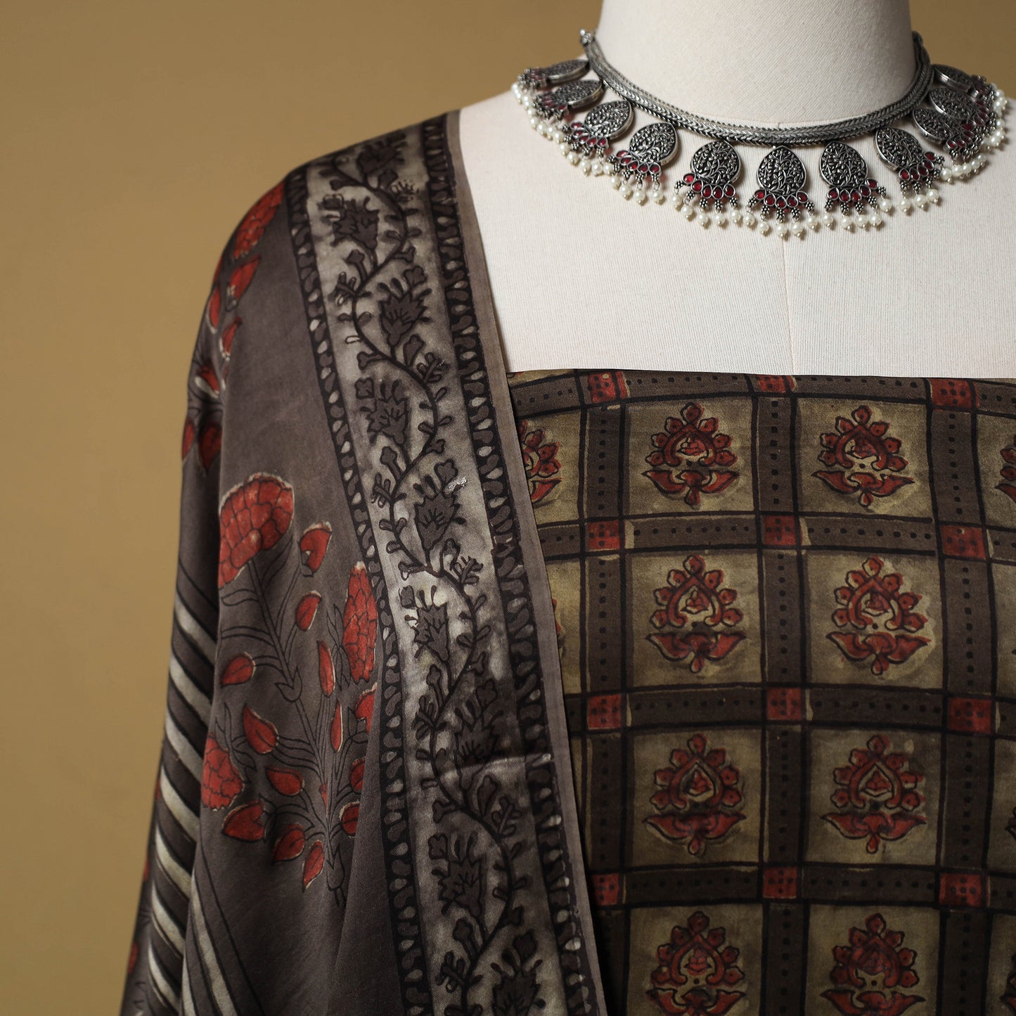 Bagru Hand Block Print Natural Dyed Modal Silk 2pc Unstitched Dress Material Kurta Set 14