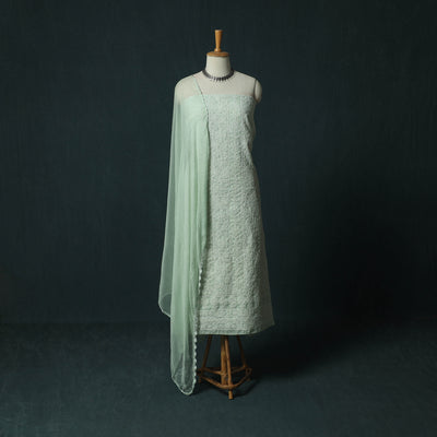 Green - Lucknowi Chikankari Hand Embroidered Cotton 3pc Unstitched Dress Material Suit Set 01