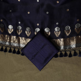 Blue - Banarasi Handwoven Raw Silk Zari Work 3pc Unstitched Dress Material Suit Set 12
