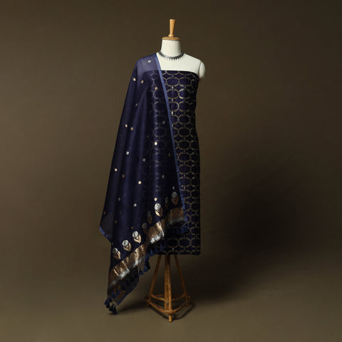 Blue - Banarasi Handwoven Raw Silk Zari Work 3pc Unstitched Dress Material Suit Set 12