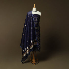 Blue - Banarasi Handwoven Raw Silk Zari Work 3pc Unstitched Dress Material Suit Set 12