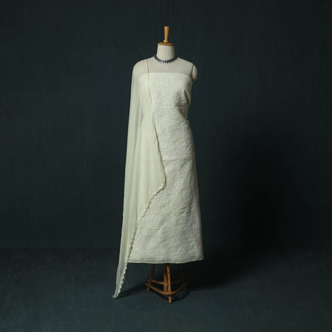 White - Lucknowi Chikankari Hand Embroidered Cotton 3pc Unstitched Dress Material Suit Set 02