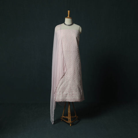 Pink - Lucknowi Chikankari Hand Embroidered Cotton 3pc Unstitched Dress Material Suit Set 03