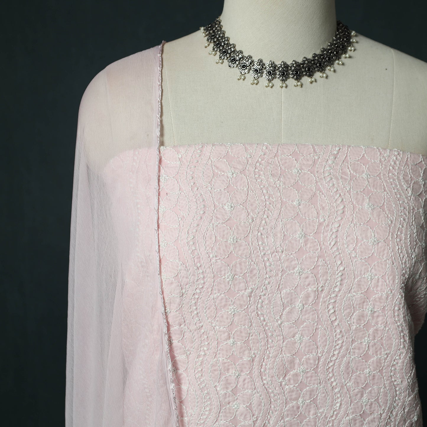 Pink - Lucknowi Chikankari Hand Embroidered Cotton 3pc Unstitched Dress Material Suit Set 03