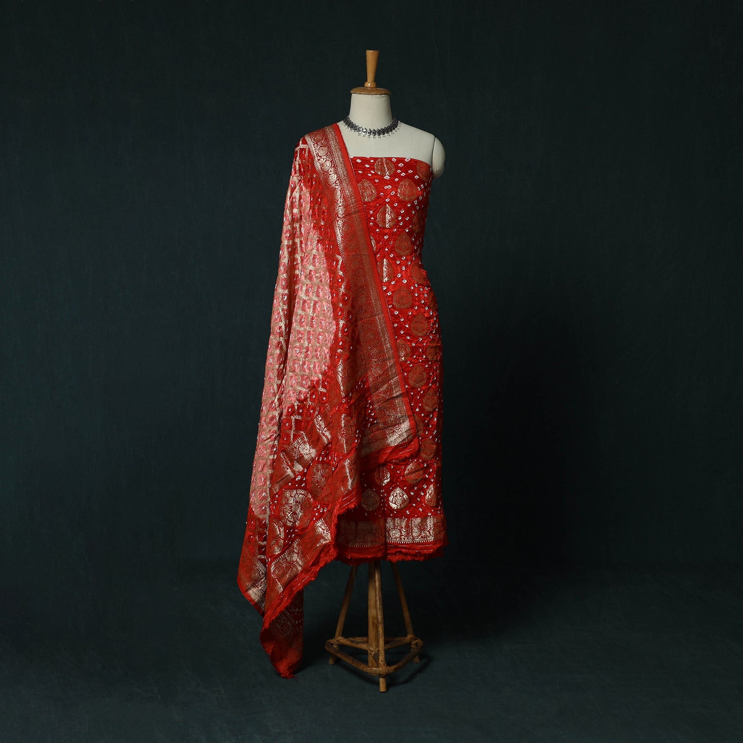 Kutch Bandhani Tie-Dye Modal Silk Banarasi Zari 3pc Unstitched Dress Material Suit Set 01