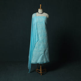 Blue - Lucknowi Chikankari Hand Embroidered Cotton 3pc Unstitched Dress Material Suit Set 05