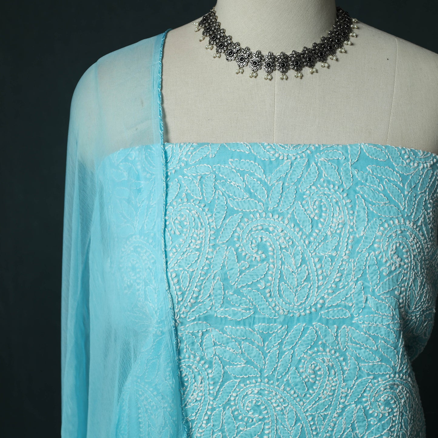 Blue - Lucknowi Chikankari Hand Embroidered Cotton 3pc Unstitched Dress Material Suit Set 05