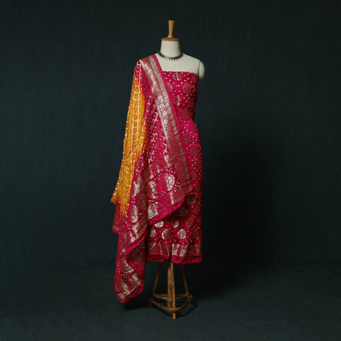 Kutch Bandhani Tie-Dye Modal Silk Banarasi Zari 3pc Unstitched Dress Material Suit Set 02