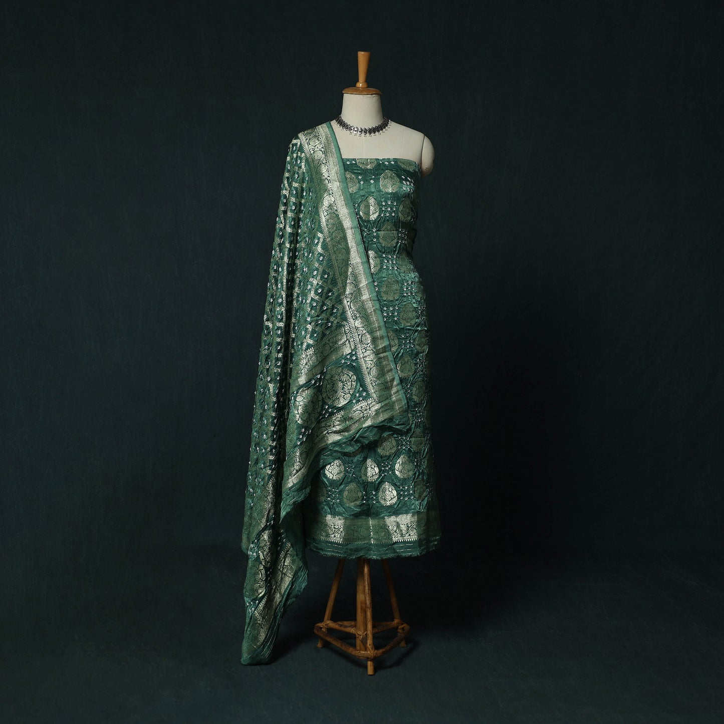 Kutch Bandhani Tie-Dye Modal Silk Banarasi Zari 3pc Unstitched Dress Material Suit Set 03