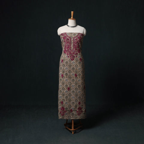 Beige - Chikankari Hand Embroidered Cotton Unstitched Kurta Material (3M) 22