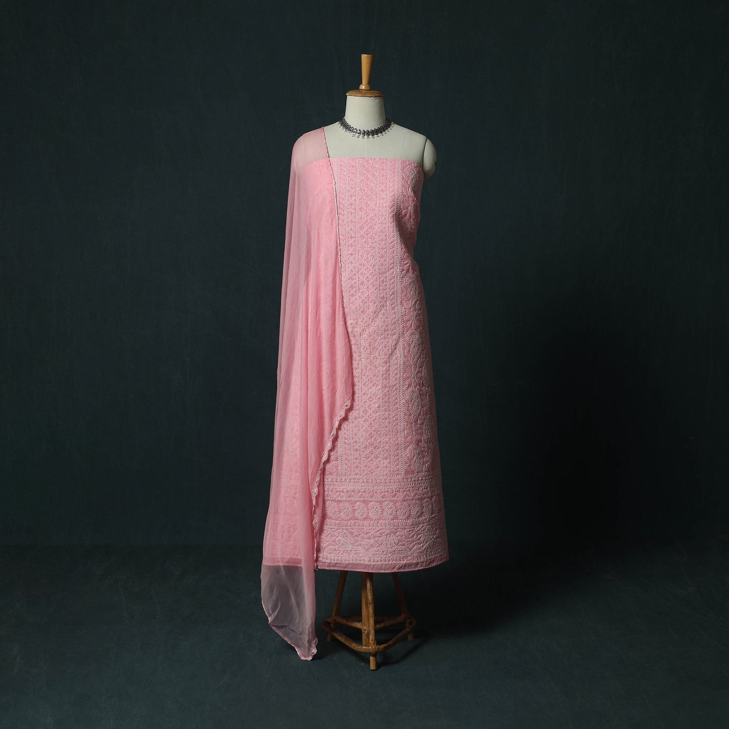 Pink - Lucknowi Chikankari Hand Embroidered Cotton 3pc Unstitched Dress Material Suit Set 06