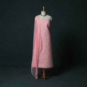 Pink - Lucknowi Chikankari Hand Embroidered Cotton 3pc Unstitched Dress Material Suit Set 06