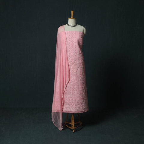 Pink - Lucknowi Chikankari Hand Embroidered Cotton 3pc Unstitched Dress Material Suit Set 06