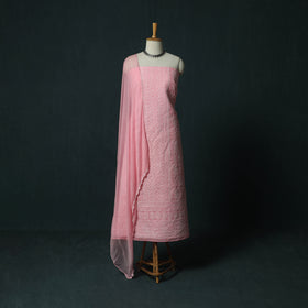 Pink - Lucknowi Chikankari Hand Embroidered Cotton 3pc Unstitched Dress Material Suit Set 06