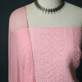 Pink - Lucknowi Chikankari Hand Embroidered Cotton 3pc Unstitched Dress Material Suit Set 06