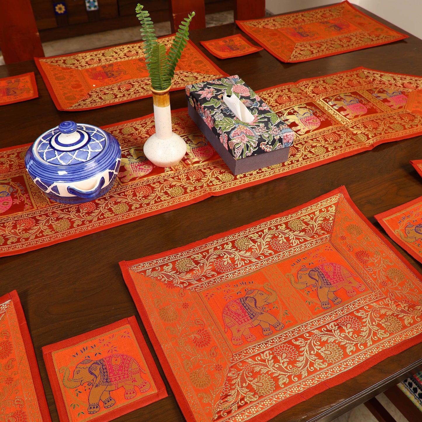 Banarasi Silk Brocade 13pc Dining Table Runner Set 01